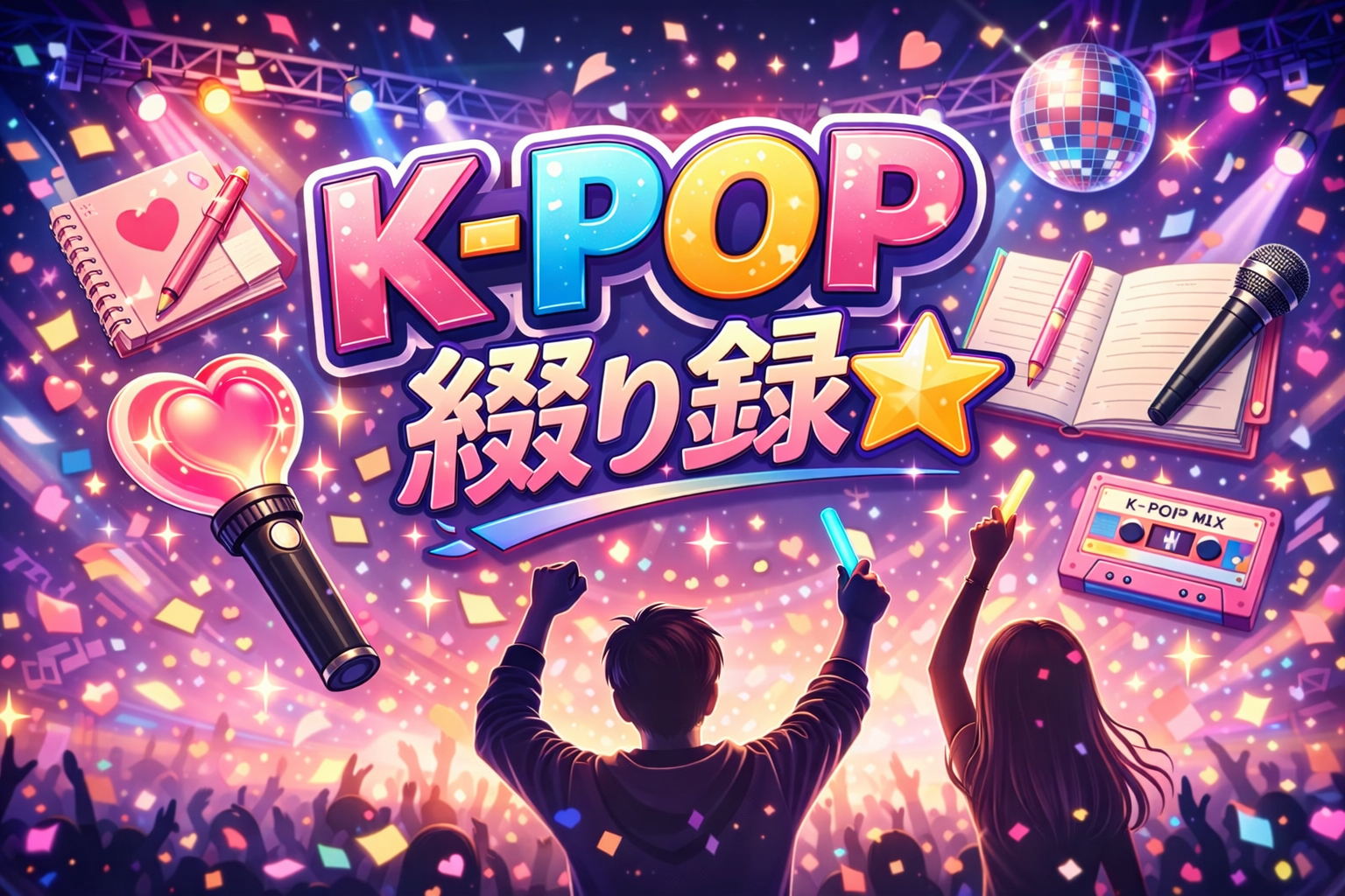 K-POPのライブ会場をイメージしたイラスト。 「K-POP綴り録☆」のロゴを中心に、ペンライトを振る男女のシルエットやマイク、ノートなどが描かれ、K-POPの話題や出来事を記録・整理するサイトの世界観を表現している。