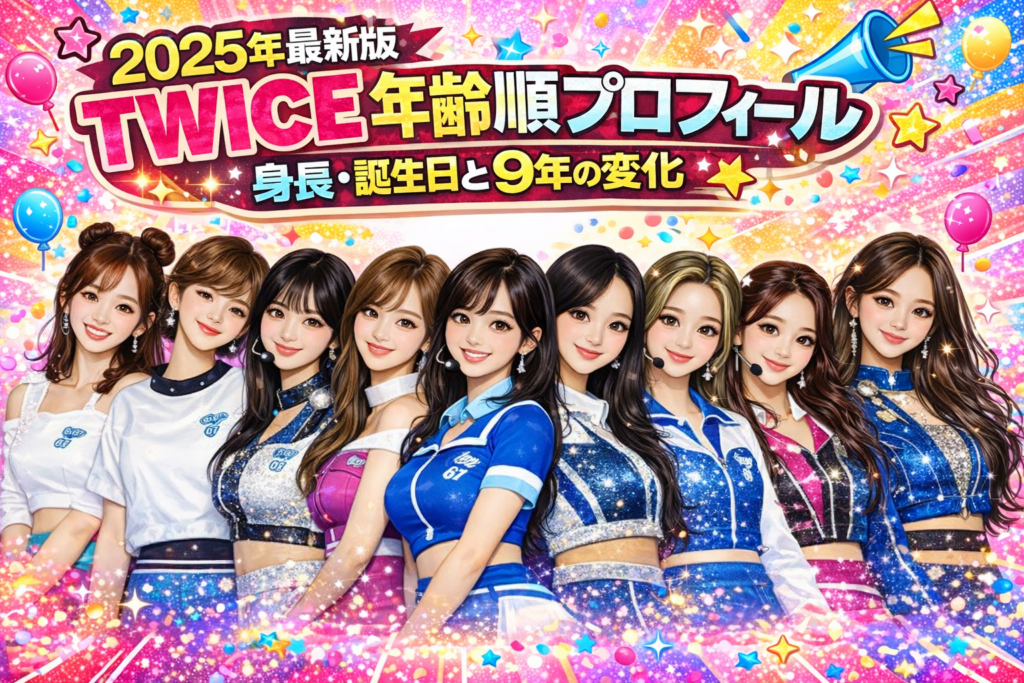 TWICEメンバー9人をスキャンダル風タブロイド調の似顔絵で描いたアイキャッチ画像。タイトル「TWICE年齢順プロフィール【2025年最新版】身長・誕生日と9年の変化」を掲載。