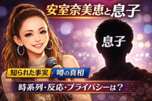 安室奈美恵の似顔絵と黒いシルエットの息子（顔に「息子」）を並べ、「安室奈美恵と息子」「知られた事実」「噂の真相」「時系列・反応・プライバシーは？」と表示したアイキャッチ画像
