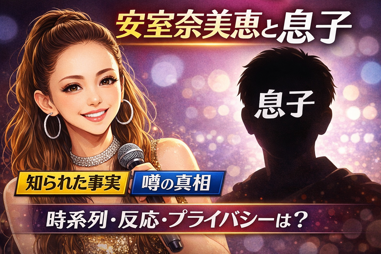 安室奈美恵の似顔絵と黒いシルエットの息子（顔に「息子」）を並べ、「安室奈美恵と息子」「知られた事実」「噂の真相」「時系列・反応・プライバシーは？」と表示したアイキャッチ画像