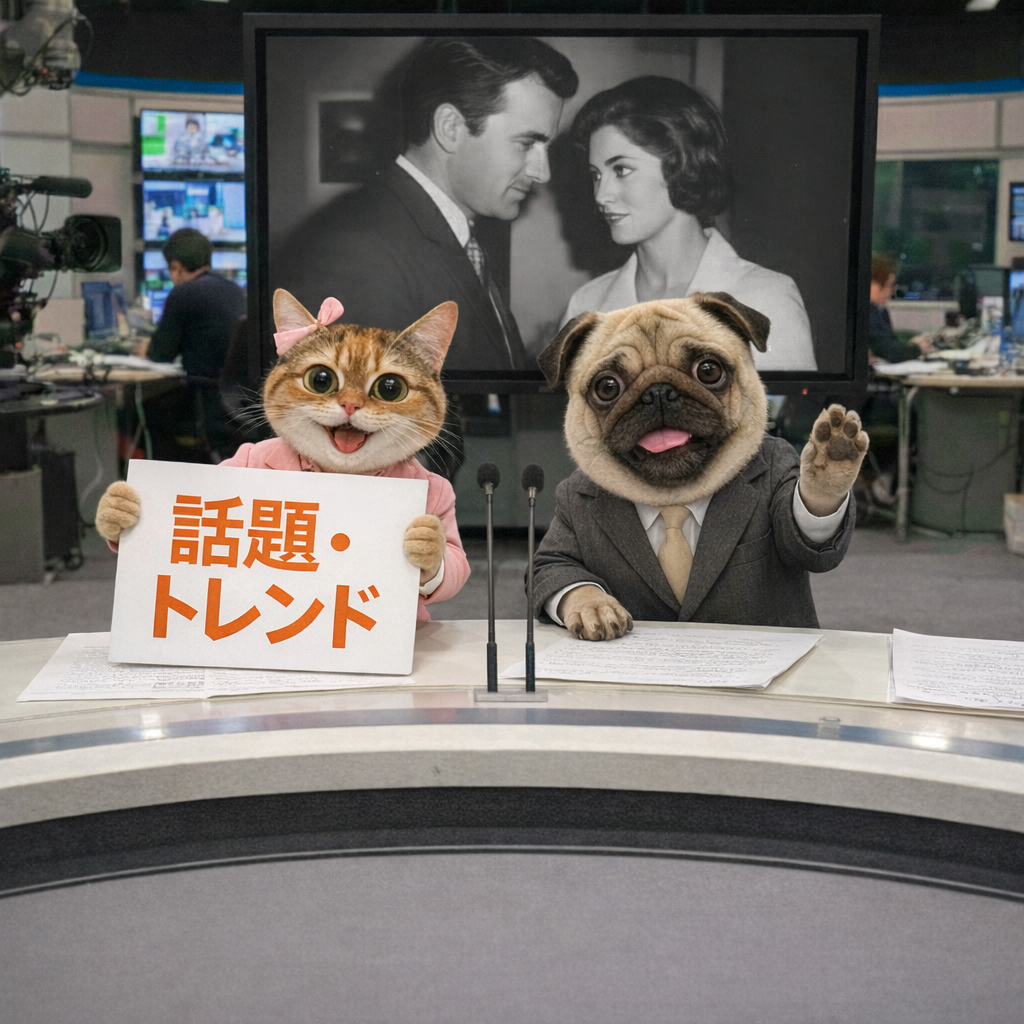 ニューススタジオ風のセットで、スーツ姿の猫と犬のキャスターが並び、猫が「話題・トレンド」と書かれたボードを掲げているイラスト
