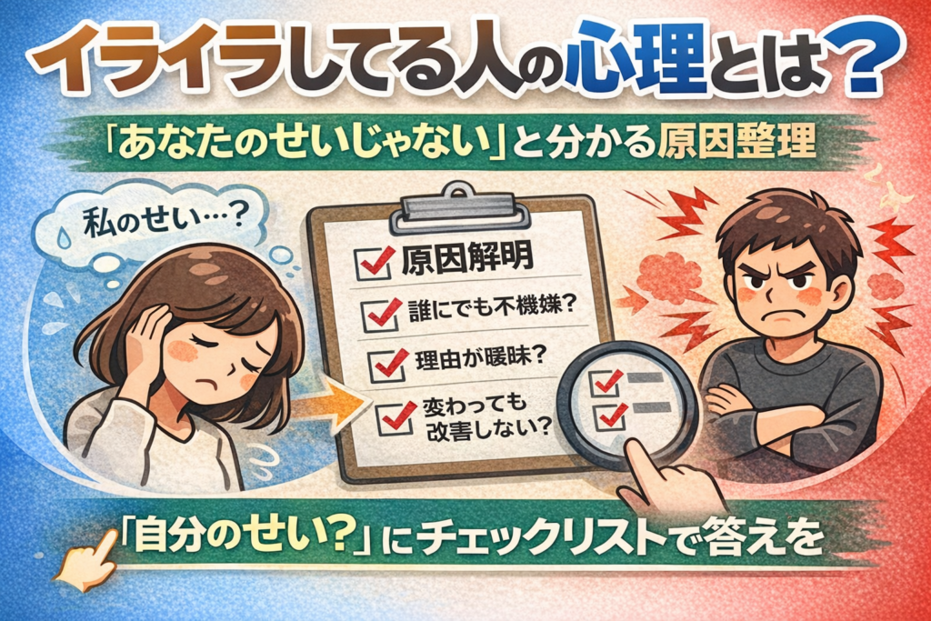 イライラしてる人の心理とは？「あなたのせいじゃない」と分かる原因整理をテーマに、悩む女性と怒った男性、原因解明チェックリストを図解で示したアイキャッチ画像。