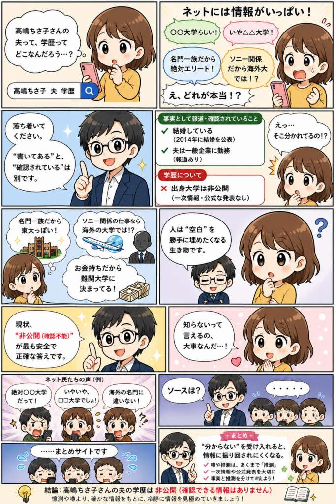 高嶋ちさ子さんの夫の学歴に関する噂と事実の違いを、デフォルメ漫画でわかりやすく整理した情報漫画。ネット上の推測と確認済み情報を比較し、「非公開情報を断定しない大切さ」を解説している。