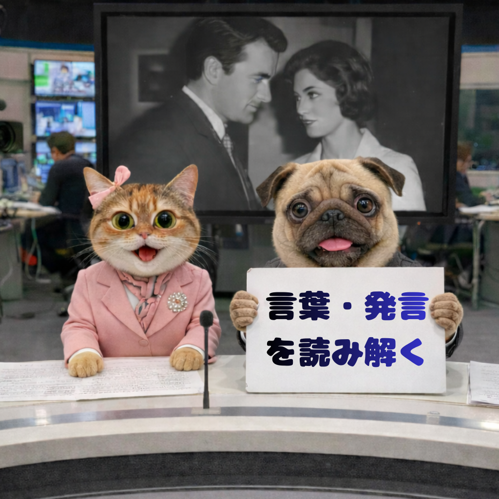ニューススタジオ風のセットで、スーツ姿の猫と犬のキャスターが並び、猫が「言葉・発言を読み解く」と書かれたボードを掲げているイラスト