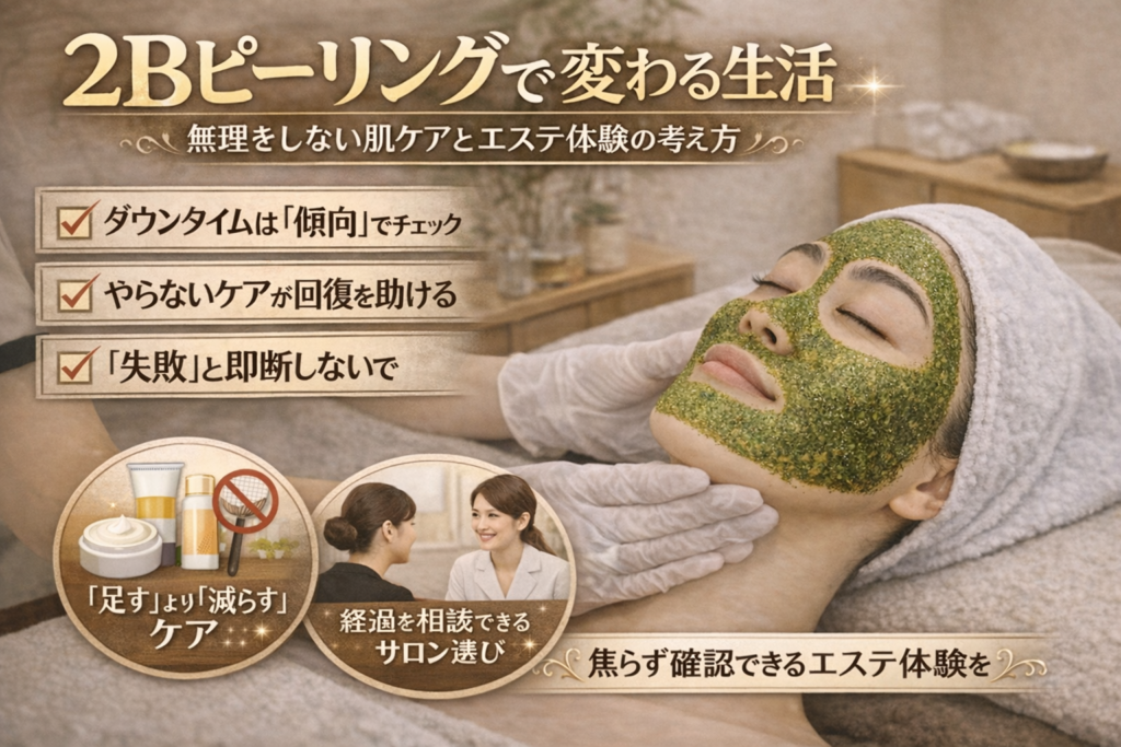 2Bピーリング施術を受ける女性のイメージ。エステでの2Bピーリング後に起こりやすい肌変化やリバウンドの誤解、ダウンタイムの考え方、無理をしない肌ケアとサロン選びのポイントを解説する記事のアイキャッチ画像