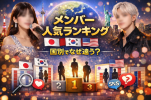 メンバー人気ランキングを日本・韓国・アメリカで比較するアイキャッチ画像。国旗とランキング台、SNSや検索を示すアイコンで国別人気の違いを表現。