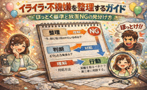 イライラ・不機嫌を整理するガイドのアイキャッチ。中央のノートに「整理→判断→理解→行動」の流れ図と「ほっとく基準と放置NGの見分け方」を掲載し、左に笑顔の女性、右に「ほっとけ!!」と怒る男性が描かれている。