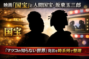 映画『国宝』と人間国宝・坂東玉三郎をテーマにしたアイキャッチ。寺院の背景に黒いシルエット2人とテレビ画面を配置し、「『マツコの知らない世界』発言を時系列で整理」と日本語文字を重ねた画像。