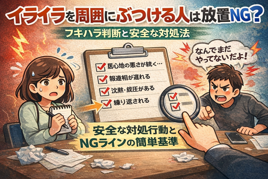 イライラを周囲にぶつける人は放置NG？フキハラ判断と安全な対処法をテーマに、怒って威圧する男性と困っている女性、チェックリスト（報連相が遅れる・沈黙/威圧がある・繰り返される等）を描いた図解アイキャッチ。