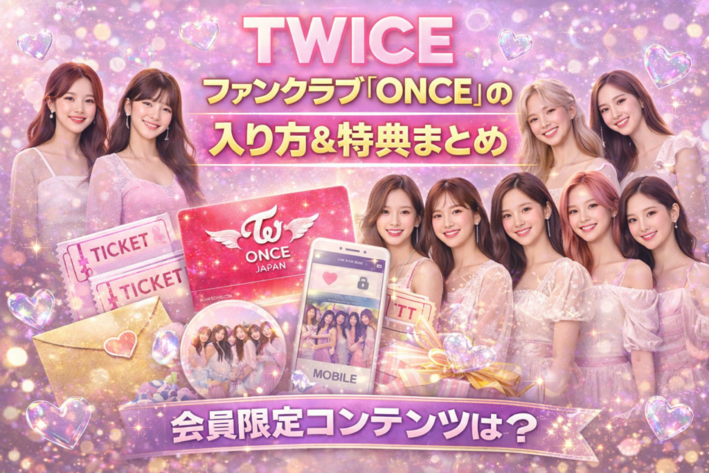 TWICEファンクラブ「ONCE」の入り方と特典を紹介するアイキャッチ画像。9人の女性グループイメージと、会員証・チケット・スマホの会員限定コンテンツを表現。
