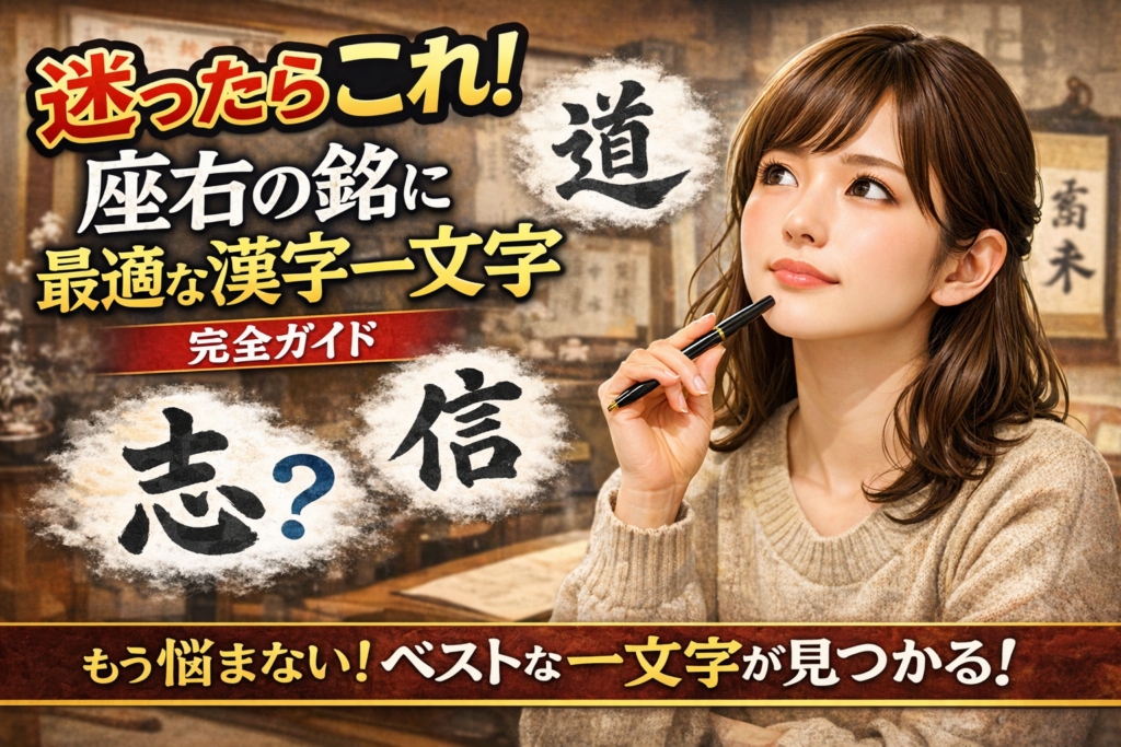 座右の銘に使う漢字一文字を考えている女性。志・道・信などの漢字が浮かび、迷いを整理して選ぼうとしているイメージ。