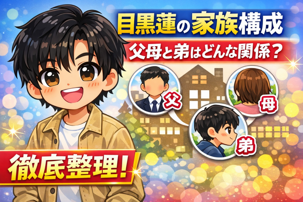 目黒蓮の家族構成をテーマにしたデフォルメ風アイキャッチ画像。本人風のイラストと、父・母・弟を表す人物アイコン、家のモチーフ、明るいエンタメ系デザインで構成。