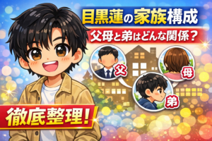 目黒蓮の家族構成をテーマにしたデフォルメ風アイキャッチ画像。本人風のイラストと、父・母・弟を表す人物アイコン、家のモチーフ、明るいエンタメ系デザインで構成。