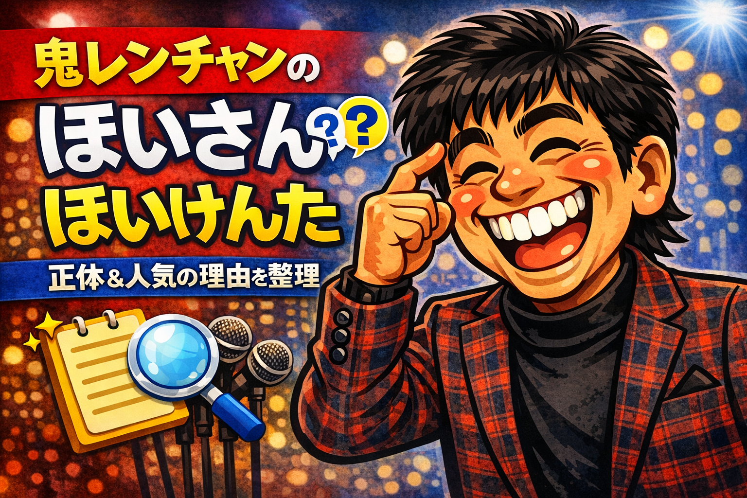 鬼レンチャンのほいさんこと、ほいけんたをデフォルメで描いたアイキャッチ画像。出っ歯気味の笑顔と黒髪、赤チェックのジャケット姿で、正体と人気の理由を整理する記事用デザイン。