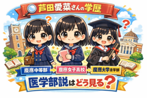芦田愛菜さんの学歴をデフォルメで表現したアイキャッチ画像。慶應中等部、慶應女子高校、慶應大学法学部政治学科への進学の流れと医学部説の話題をわかりやすく示したイラスト