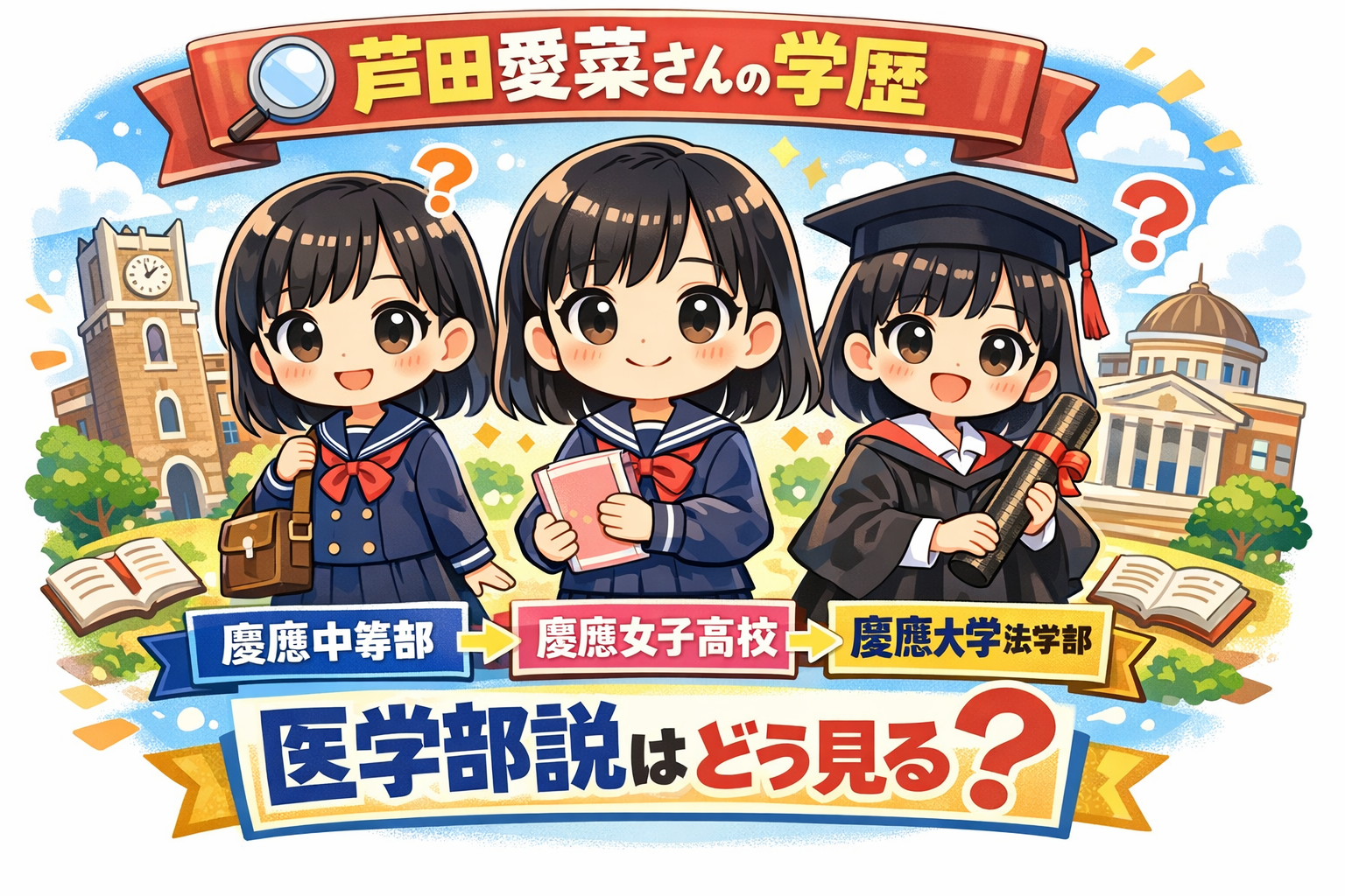 芦田愛菜さんの学歴をデフォルメで表現したアイキャッチ画像。慶應中等部、慶應女子高校、慶應大学法学部政治学科への進学の流れと医学部説の話題をわかりやすく示したイラスト