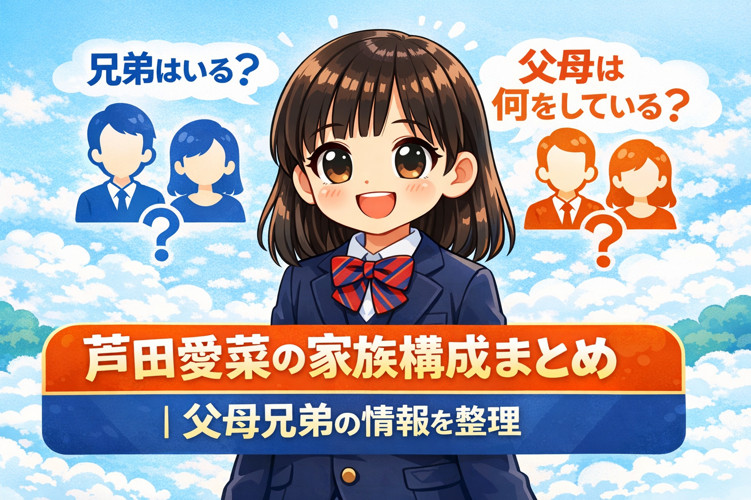 芦田愛菜さんの家族構成をデフォルメで表現したアイキャッチ画像。兄弟の有無や父母の情報を整理する記事内容を、やさしいイラストと文字で示したデザイン