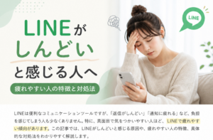 LINEの通知や返信に疲れてスマホを見ながら悩む女性のイメージと、「LINEがしんどいと感じる人へ|疲れやすい人の特徴と対処法」というタイトルが入ったアイキャッチ画像