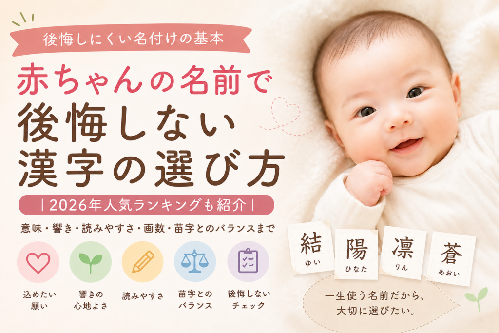 赤ちゃんの名前の漢字の付け方を解説するアイキャッチ画像。笑顔の赤ちゃんと「赤ちゃん、名前の漢字の付け方」の文字、意味・響き・読みやすさ・苗字とのバランスなど名付けのポイントをやさしい色合いで表現。