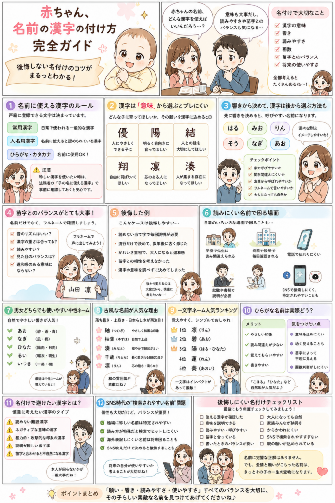 赤ちゃんの名前の漢字の付け方を漫画形式で解説した画像。名前に使える漢字のルール、意味・響き・苗字とのバランス、後悔しやすい例、読みにくい名前の注意点、中性ネームやひらがな名前のポイントを親子のイラストと表で紹介している。